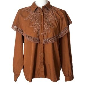 Together! Vintage Brown Long Sleeve Button Down Western Embroidered Blouse NWOT
